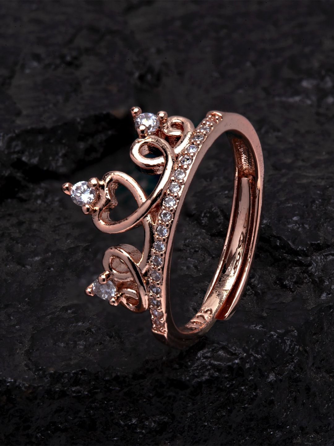 Ferosh Women Rose Gold-Toned & White Stone-Studded Crown Finger Ring Price in India