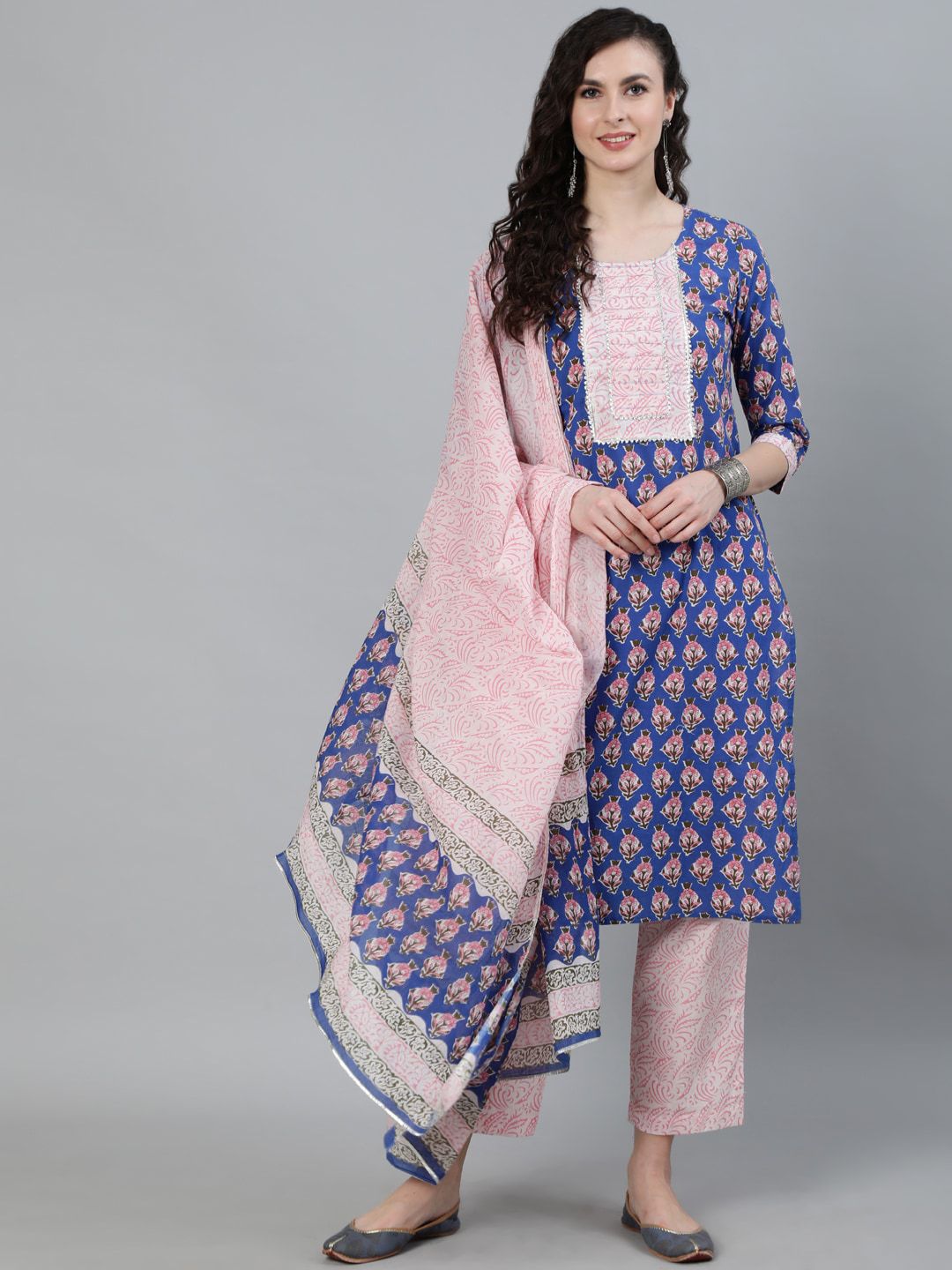 Jaipur Kurti Women Blue Ethnic Motifs Printed Pure Cotton Kurta With Trousers & Dupatta Price in India