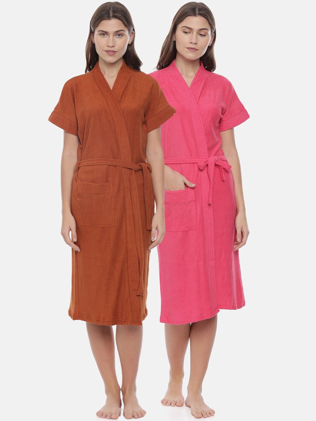 GOLDSTROMS Women Pack Of 2 Fuchsia Pink & Brown Solid Cotton Bath Robes Price in India