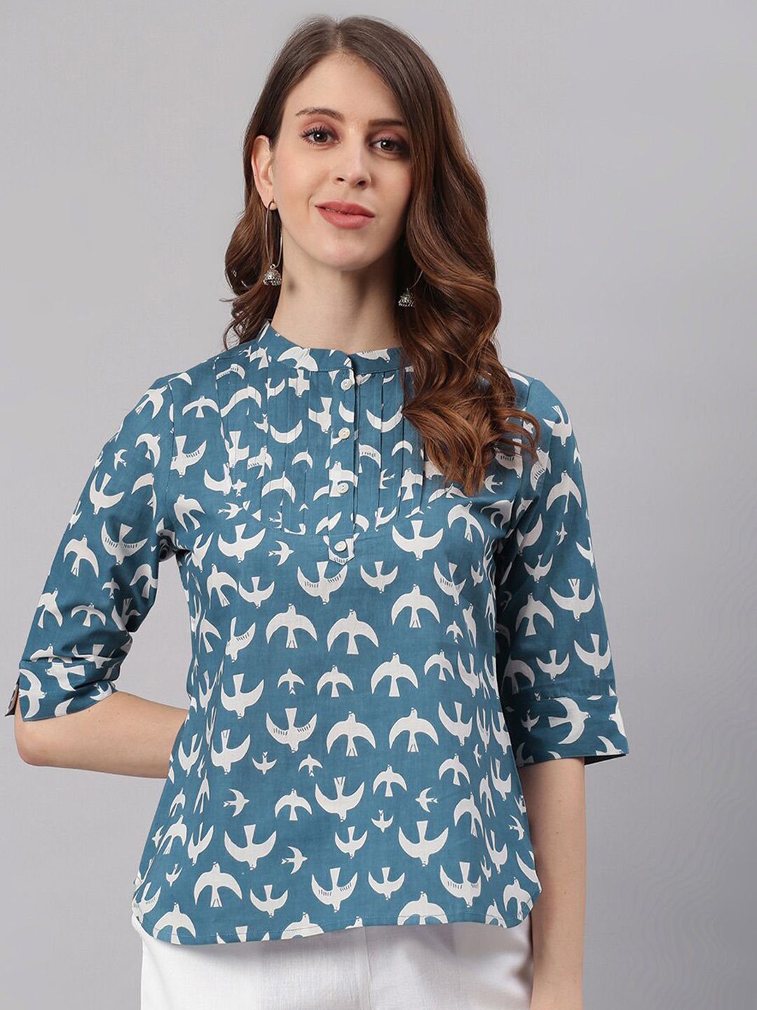 Janasya Women Blue Conversational Print Pleated Regular Top