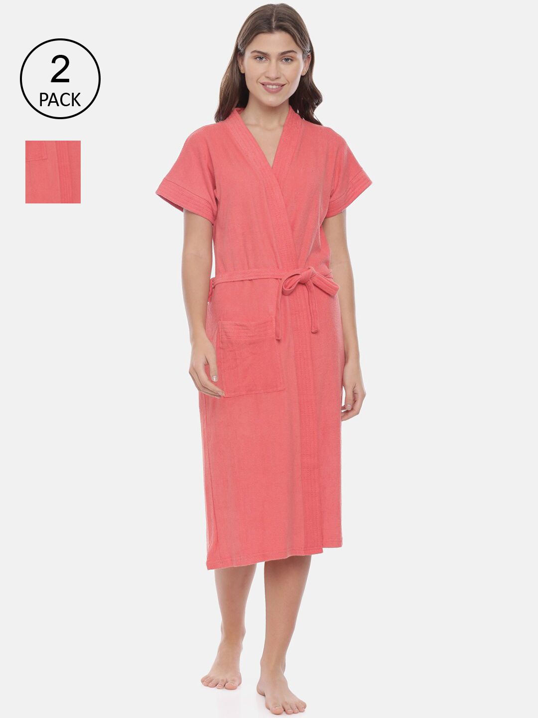 GOLDSTROMS Women Pack Of 2 Coral Pink Cotton Bath Robes Price in India