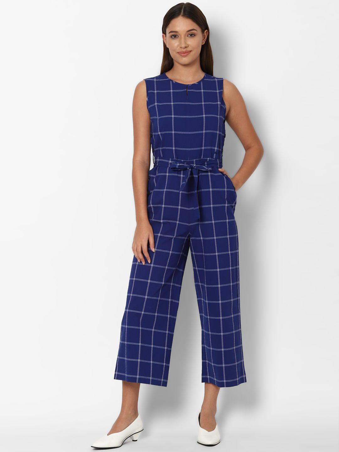 Allen Solly Woman Blue & White Checked Basic Jumpsuit Price in India