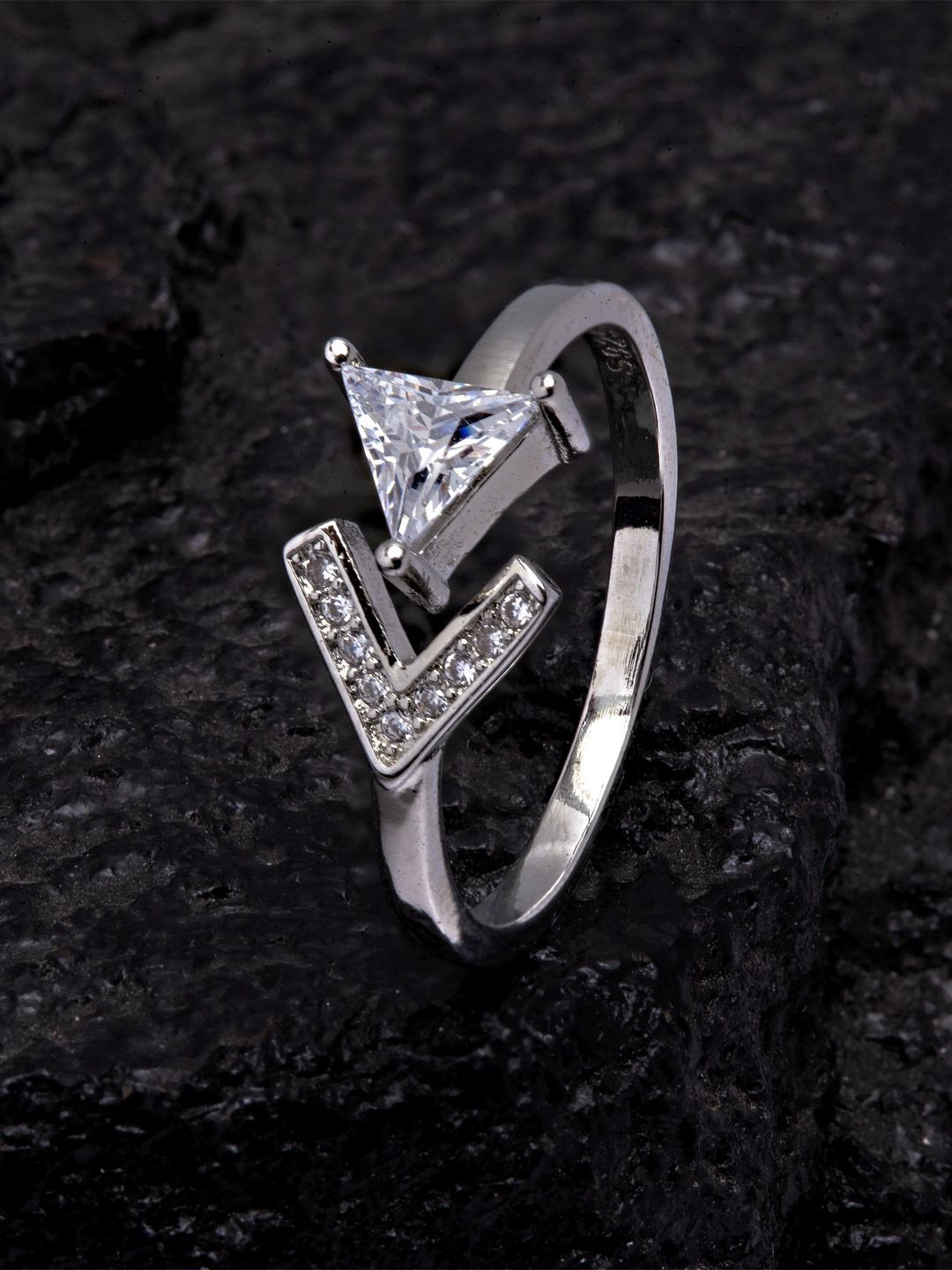 Ferosh Silver-Toned & White Stone-Studded Triangle Design Adjustable Finger Ring Price in India