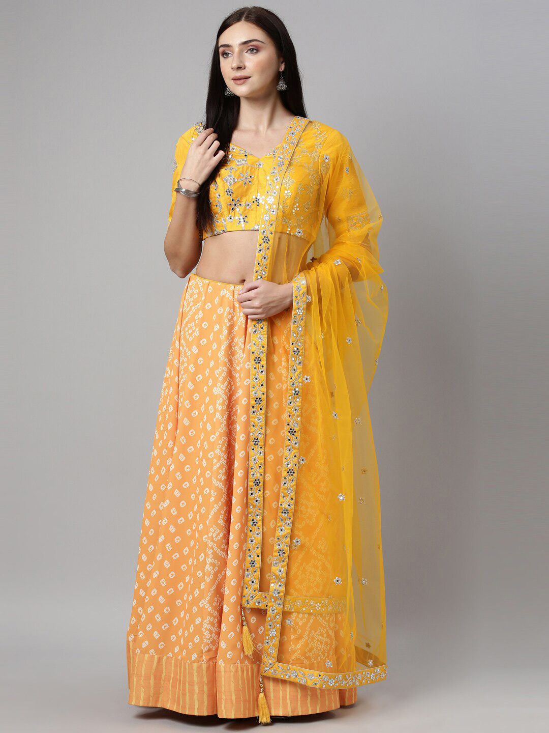 panchhi Mustard & Orange Embroidered Mirror Work Ready to Wear Lehenga & Unstitched Blouse With Dupatta Price in India