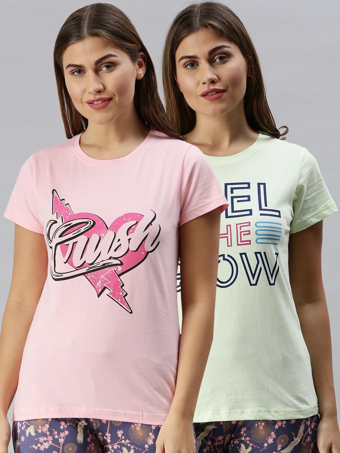 Kryptic Women Pack Of 2 Typography Printed Pure Cotton Lounge T-Shirts Price in India