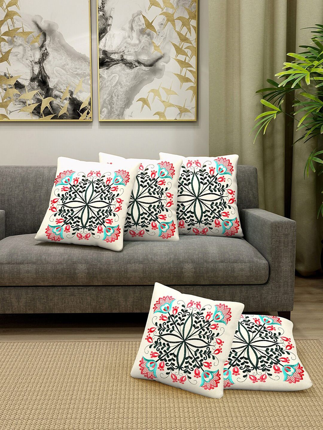 KLOTTHE Off White & Black Set of 5 Embroidered Square Cushion Covers Price in India