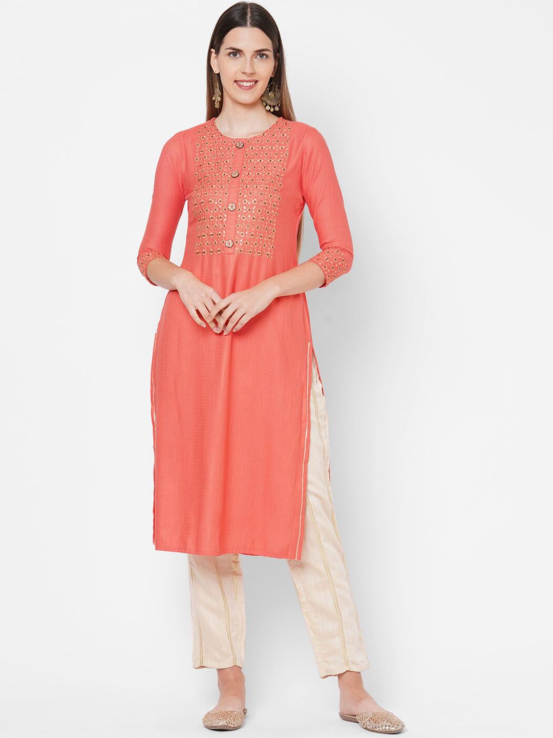 FASHOR Women Peach-Coloured Keyhole Neck Thread Work Kurta