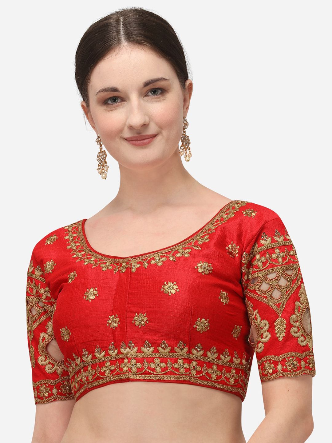 Amrutam Fab Women Red & Gold-Coloured Embroidered Raw Silk Saree Blouse Price in India