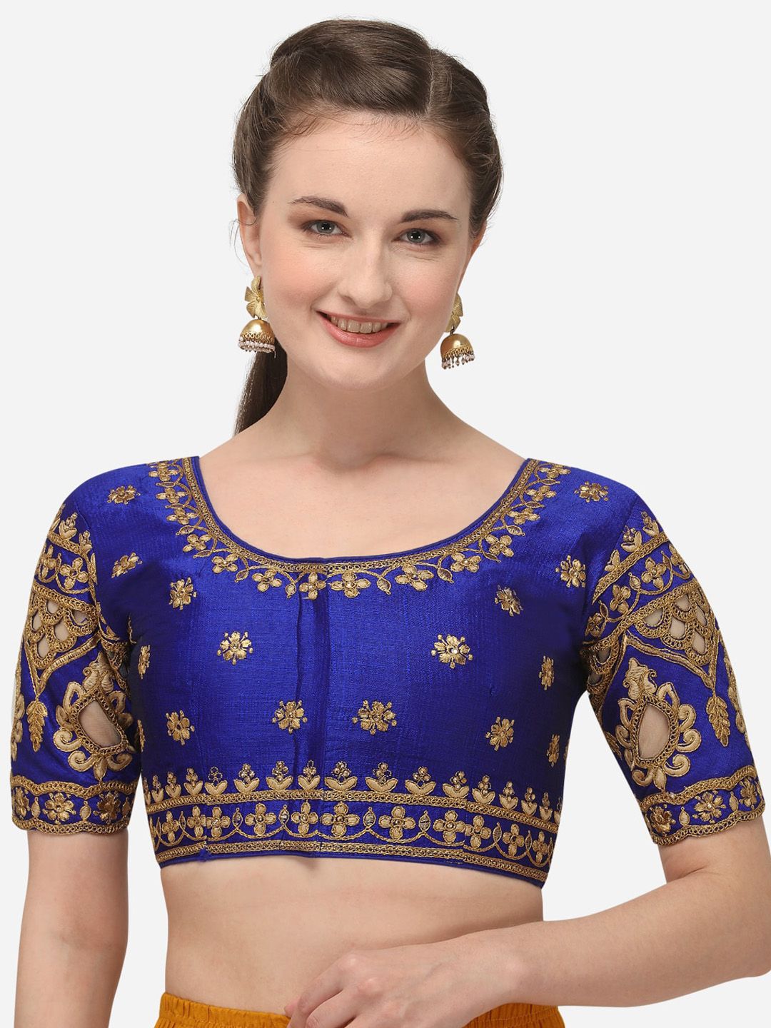 Amrutam Fab Women Blue & Gold-Coloured Embroidered Raw-Silk Saree Blouse Price in India