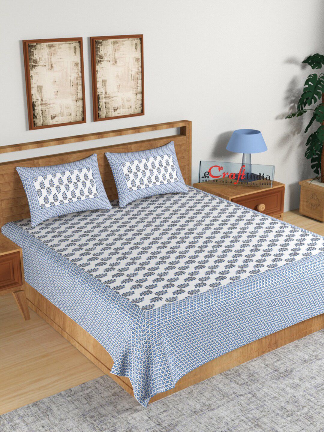 eCraftIndia White & Blue Floral 180 TC King Bedsheet with 2 Pillow Covers Price in India