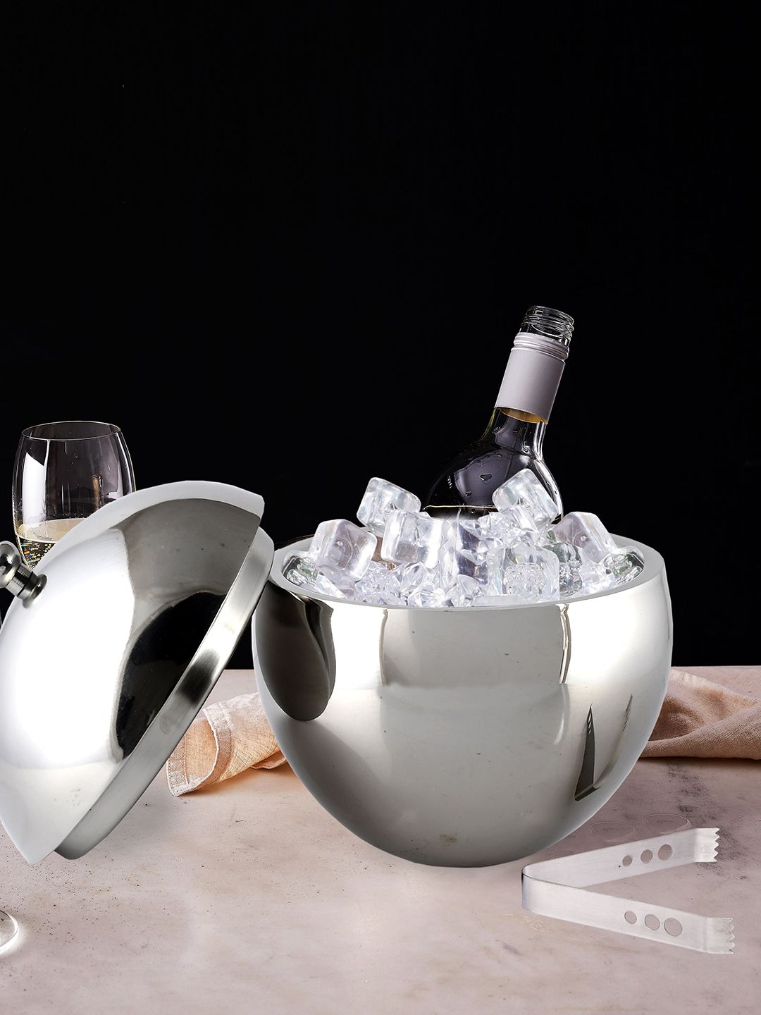 Clasiko Silver-Toned Stainless Steel Ball-Shaped Ice Bucket With Tong Price in India