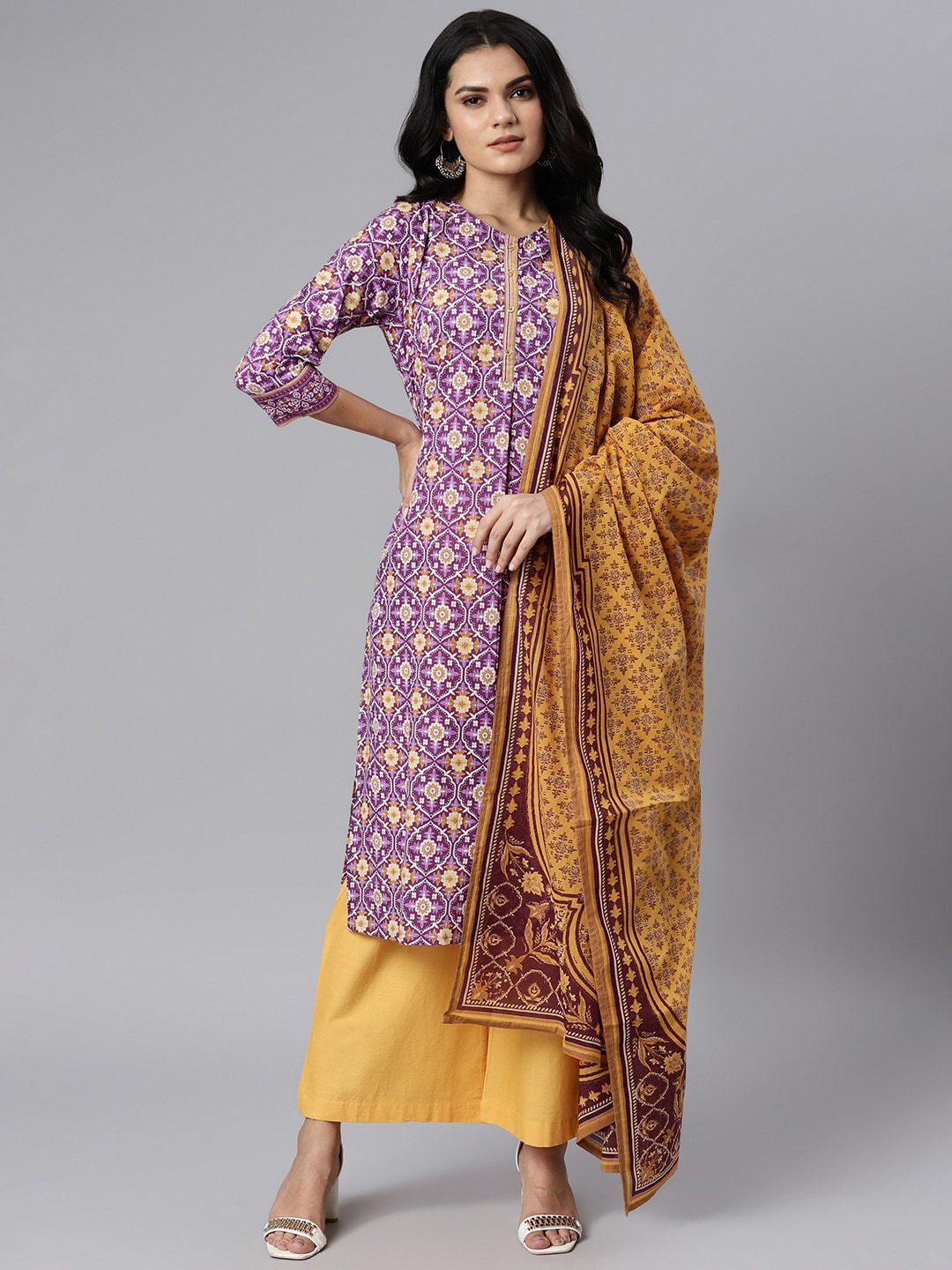 QOMN Women Purple Ethnic Motifs Printed High Slit Pure Cotton Kurti with Palazzos & With Dupatta