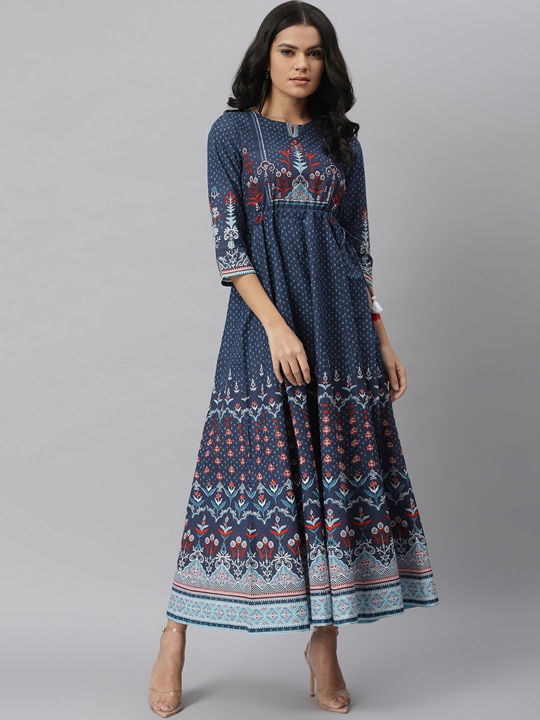 QOMN Blue Ethnic Motifs Keyhole Neck Maxi Dress