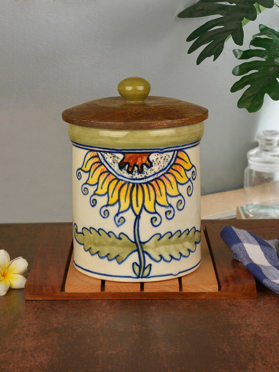 StyleMyWay White & Green HandPainted Ceremic Jar With Wooden Lid Price in India