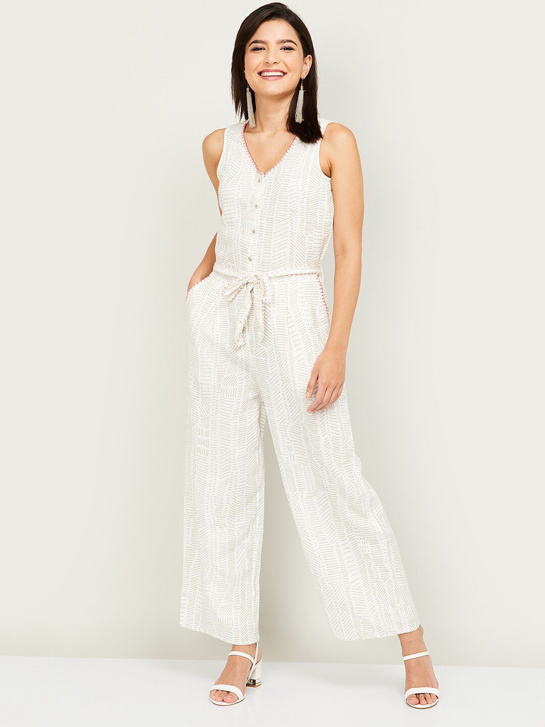 Colour Me by Melange Off White & Grey Printed Basic Jumpsuit Price in India