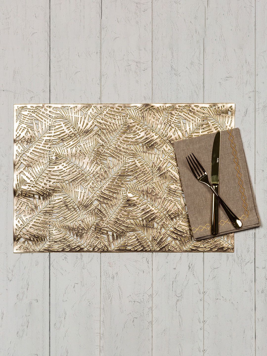 Pure Home and Living Set Of 6 Gold-Coloured Textured Rectangular Leaf Table Placemats Price in India