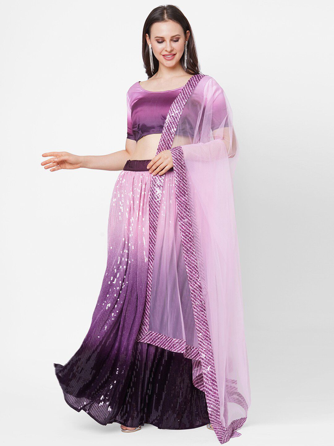 RedRound Purple & Silver-Toned Dyed Sequinned Ready to Wear Lehenga & Unstitched Blouse With Dupatta Price in India
