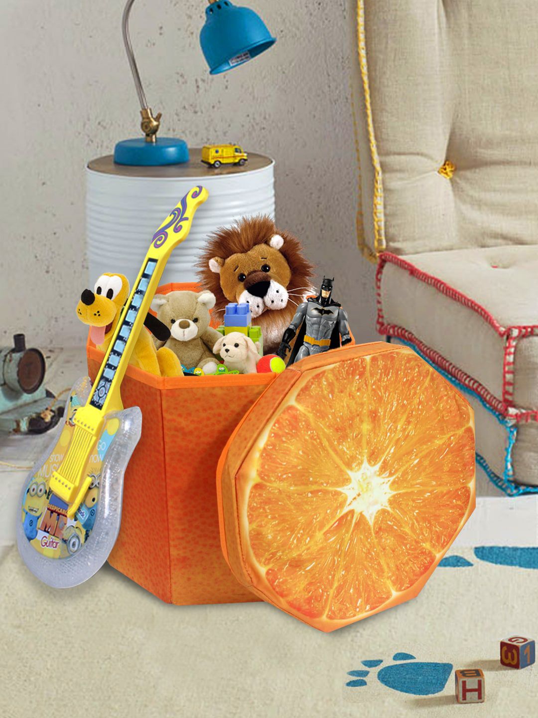 prettykrafts Orange Printed Stool Cum Storage Organiser Price in India