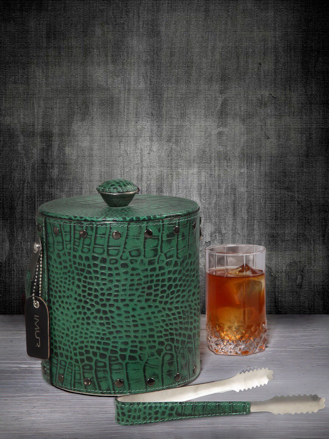 IMUR Green Textured Genuine Leather Ice Bucket with Tongs Price in India