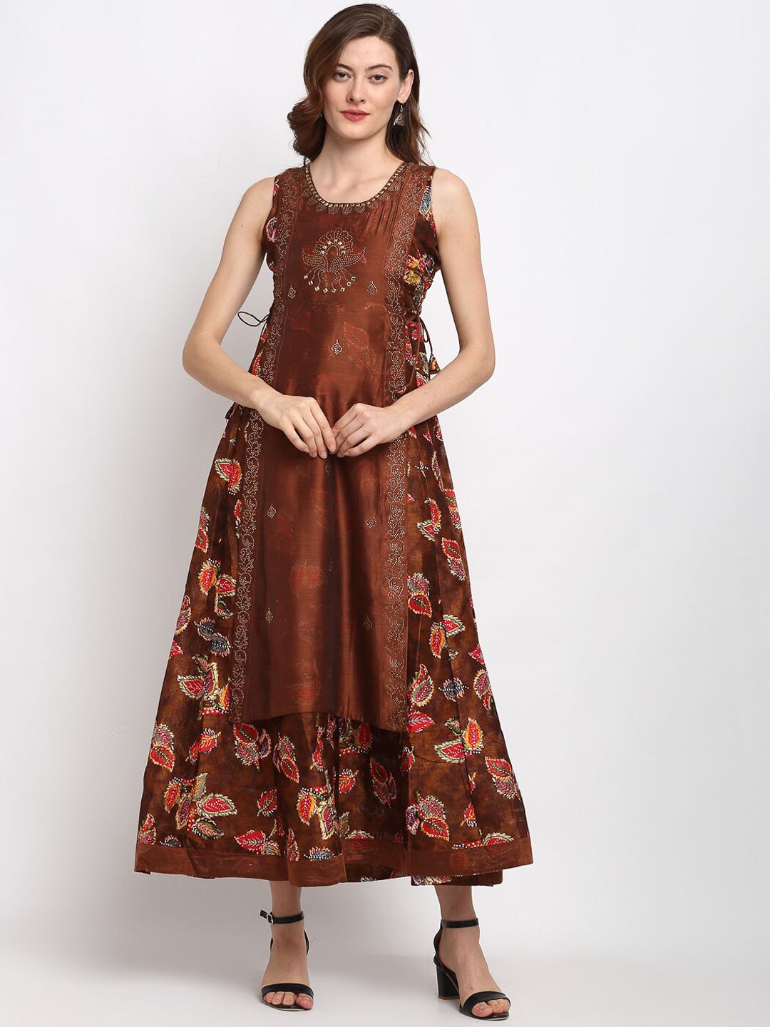 Lovely Lady Brown & Yellow Floral Layered Ethnic Maxi Dress