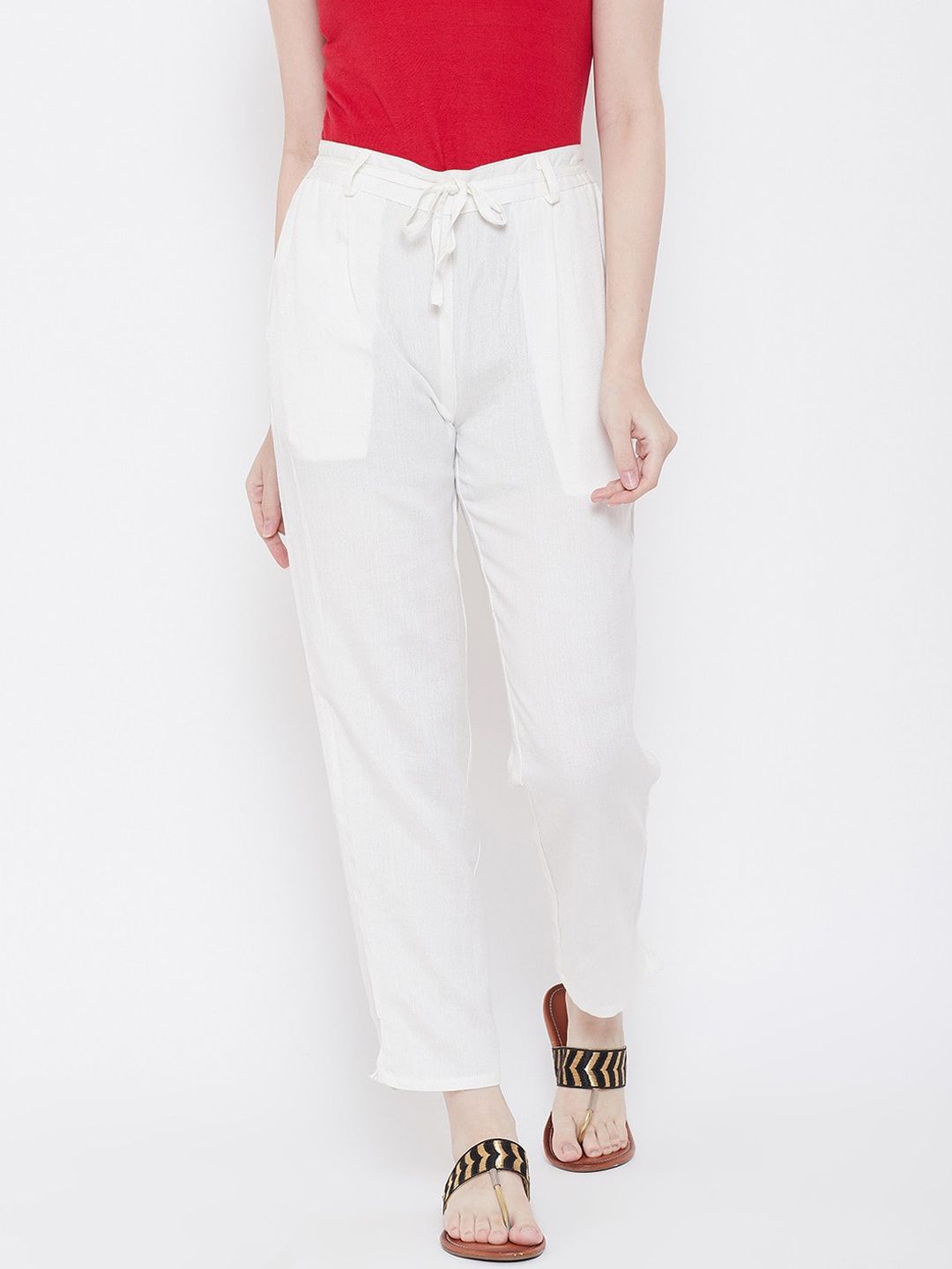 Be Indi Women Off White Straight Fit Trousers