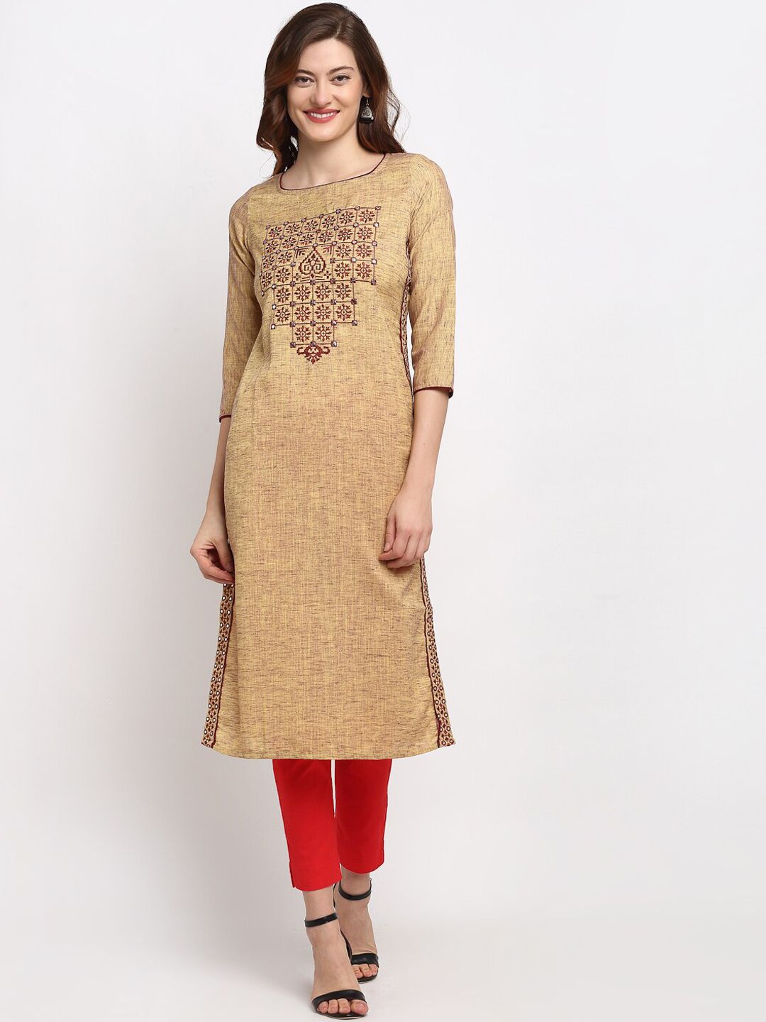 Lovely Lady Women Mustard Yellow Ethnic Motifs Yoke Design Embroidered Kurta