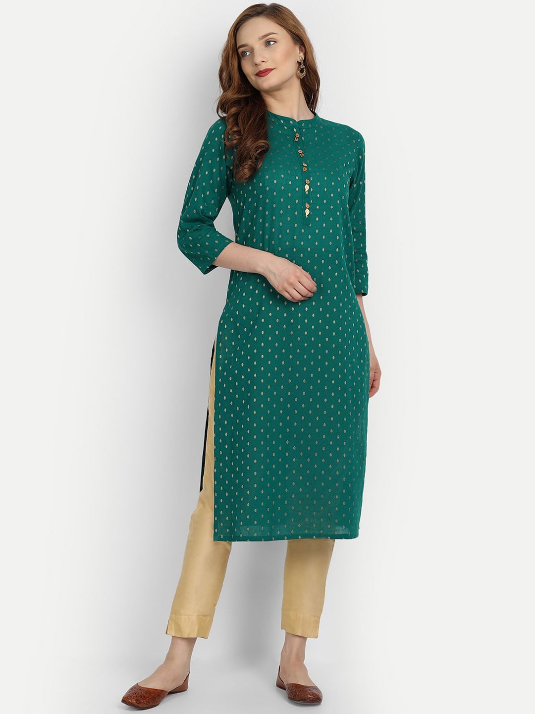 HK colours of fashion Women Green Geometric Mirror Work Jacquard Kurta