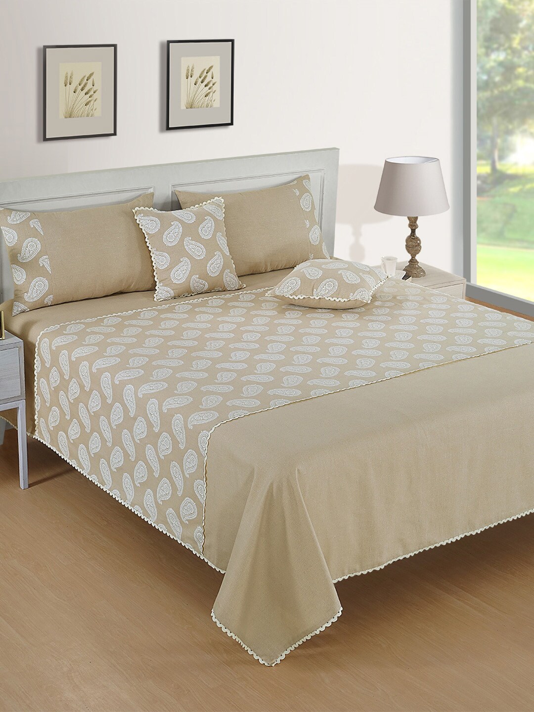 SWAYAM Set Of 5 Beige & White Ethnic Motifs 120TC Pure Cotton Bed Cover With Pillow & Cushion Covers Price in India