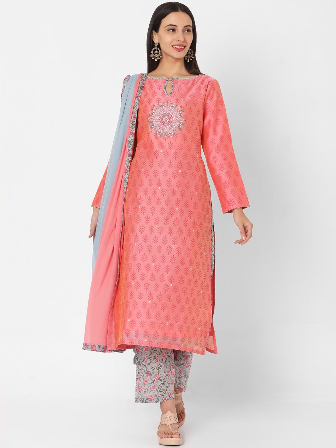 SALWAR STUDIO Women Pink Ethnic Motifs Printed Kurta with Palazzos & Dupatta