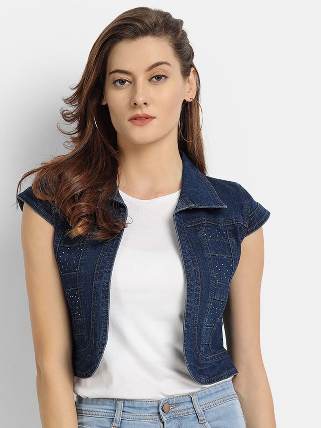 River Of Design Jeans Women Blue Embellished Cotton Denim Crop Shrug Price in India