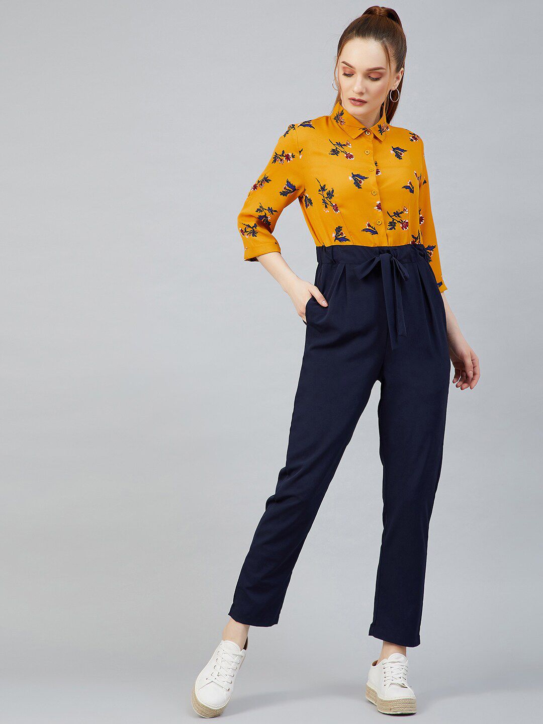 RARE Mustard Yellow & Navy Blue Printed Basic Jumpsuit Price in India