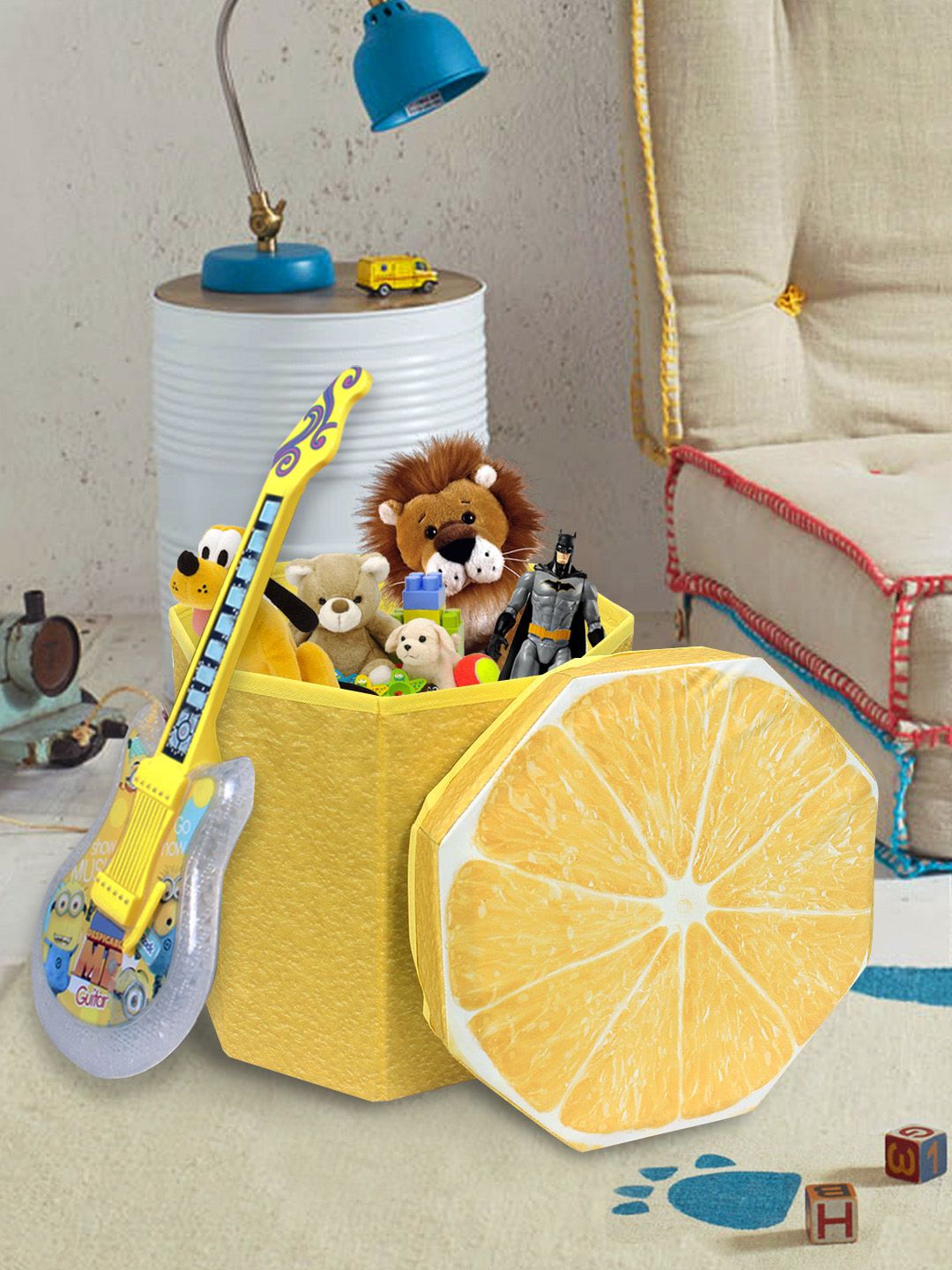 prettykrafts Yellow & White Lemon Printed Stool Cum Storage Organiser Price in India