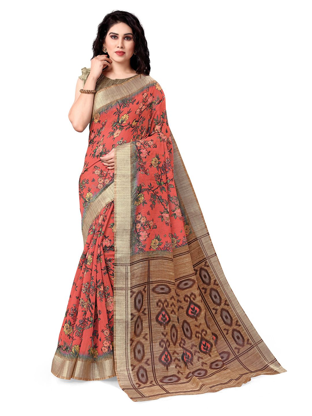KALINI Peach & Beige Polycotton Floral Bagh Printed Saree