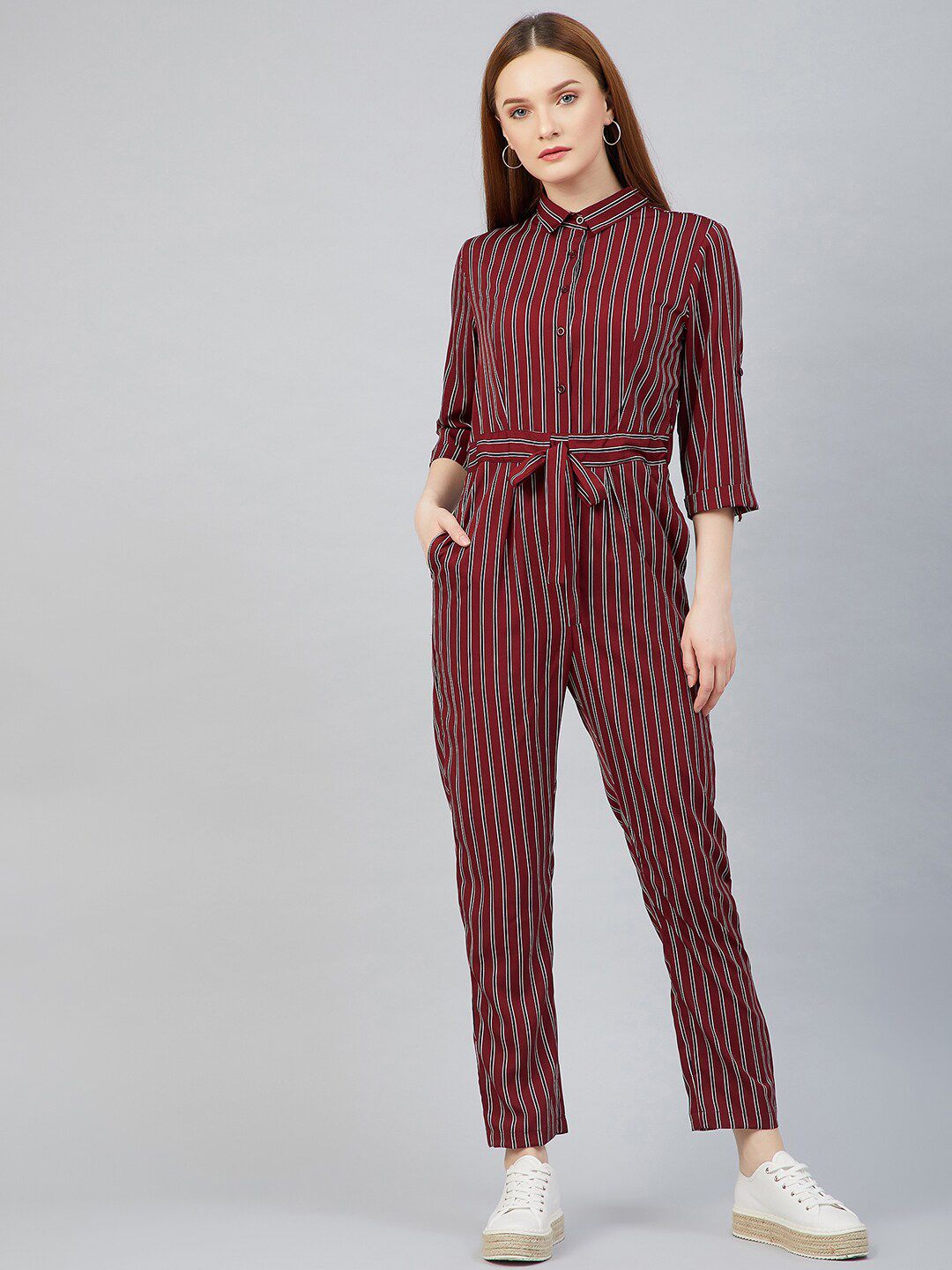 RARE Maroon & White Striped Basic Jumpsuit Price in India