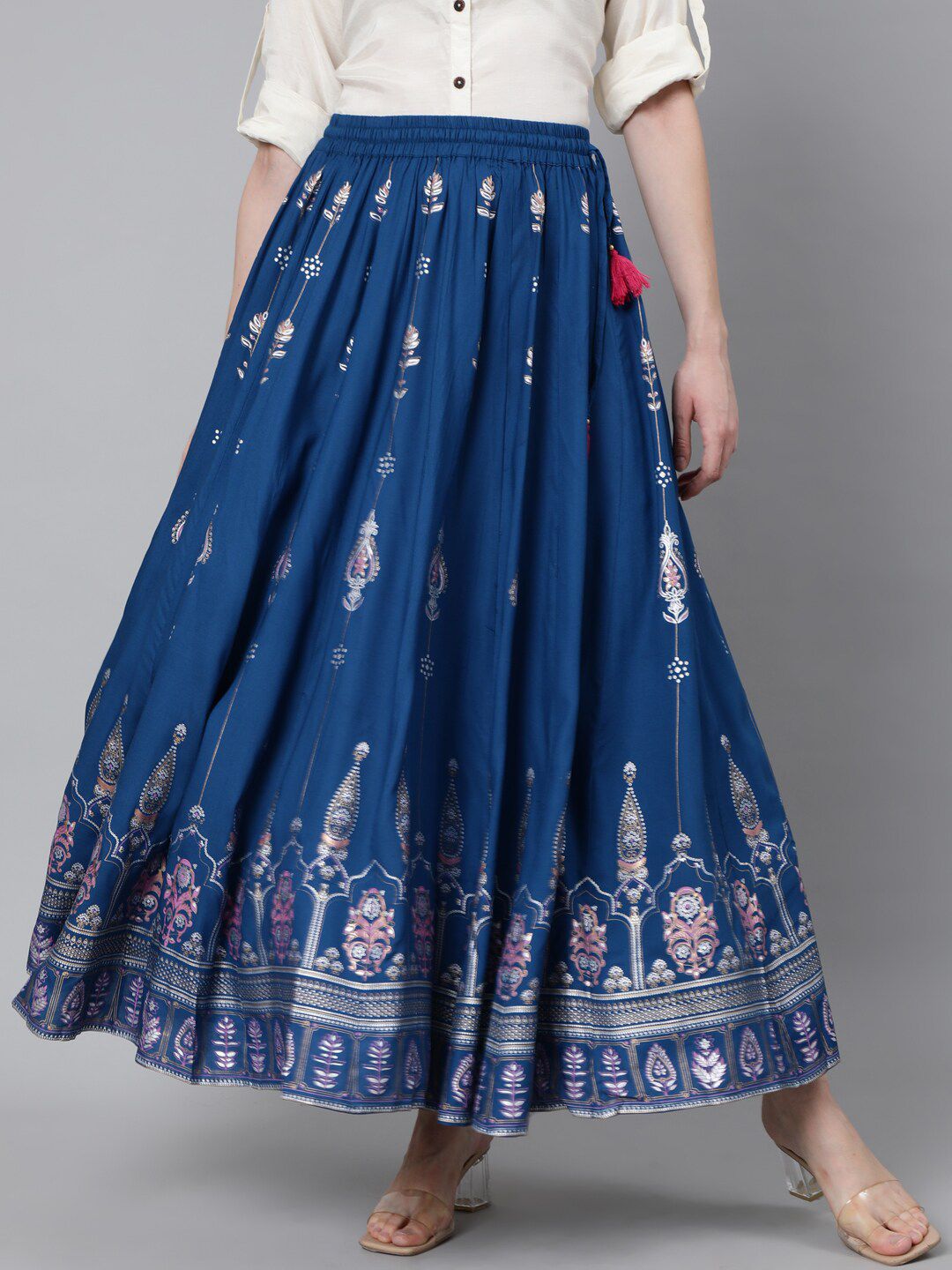 Jaipur Kurti Women Blue & Silver-Toned Khadi Printed Flared Maxi Skirt