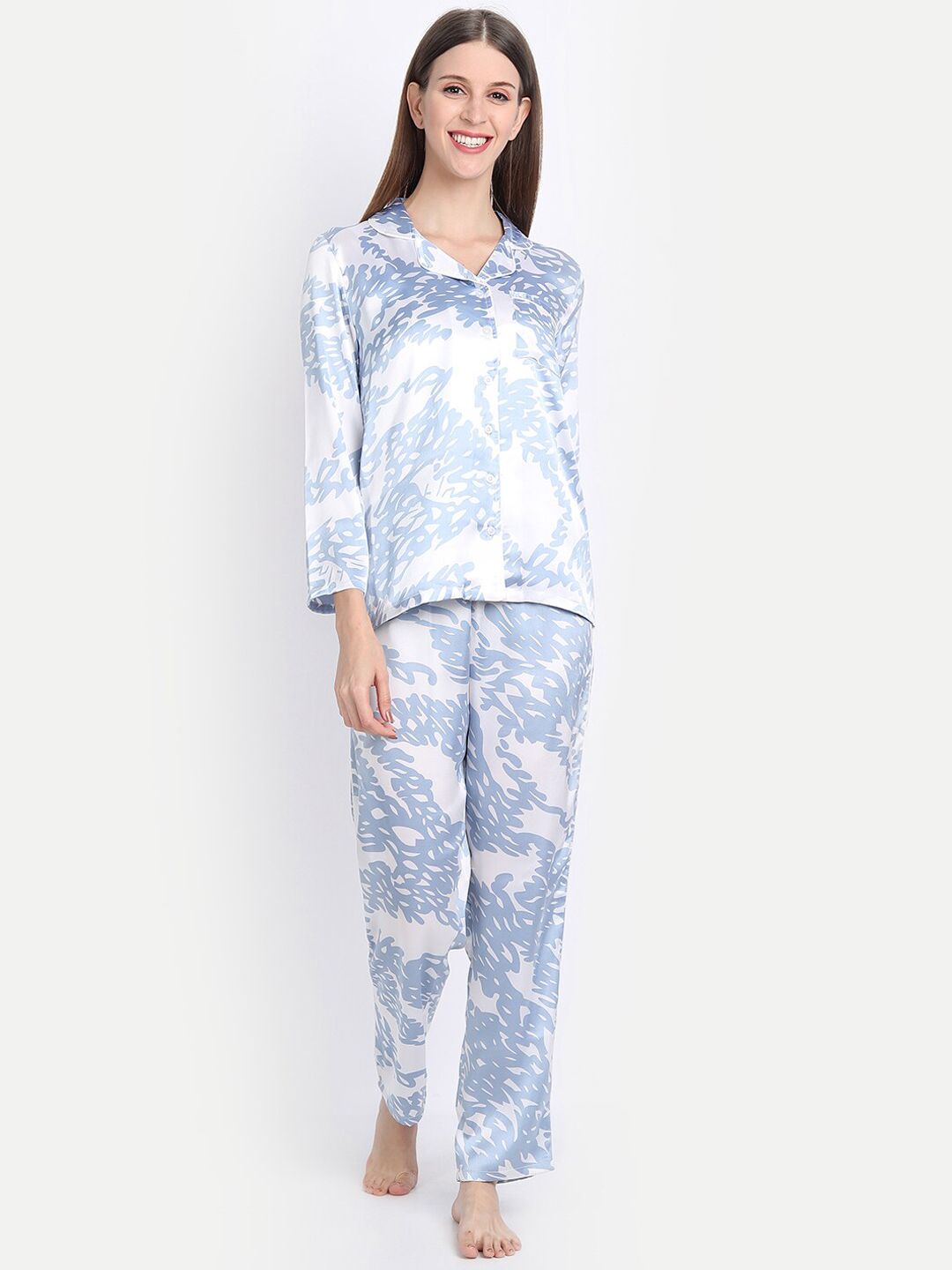 IX IMPRESSION Women Blue & White Printed Night suit Price in India