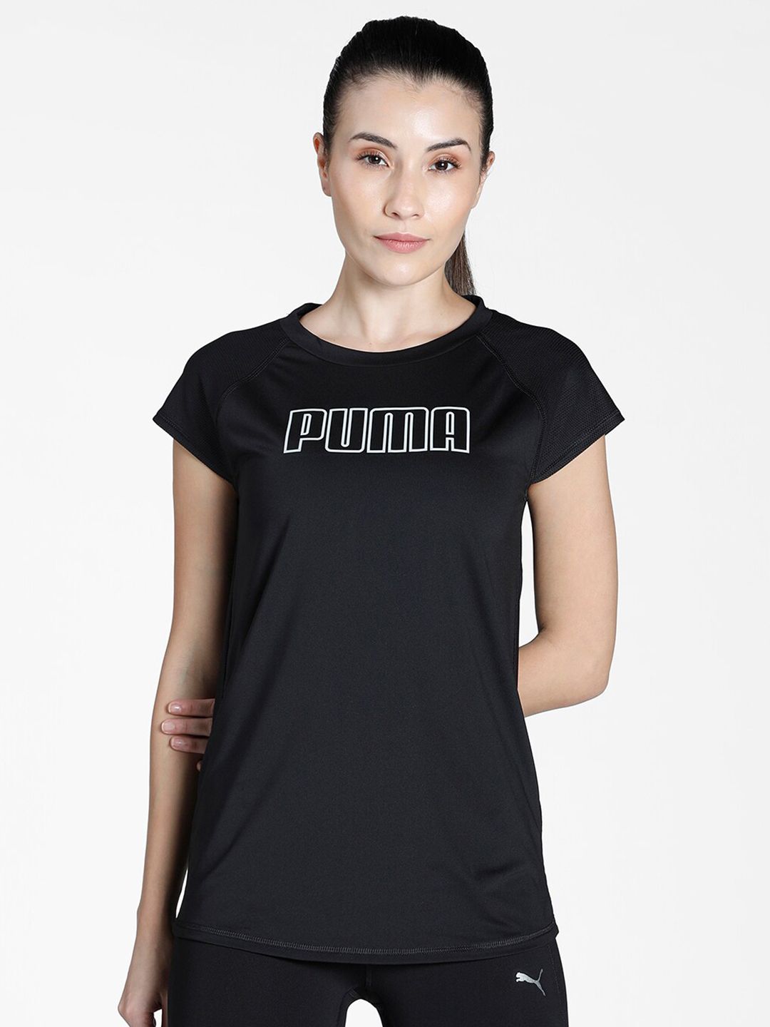 Puma Women Black & White Brand Logo Printed T-shirt Price in India