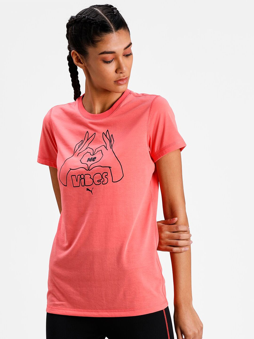 Puma Women Peach-Coloured & Black Printed dryCELL Training or Gym T-shirt Price in India