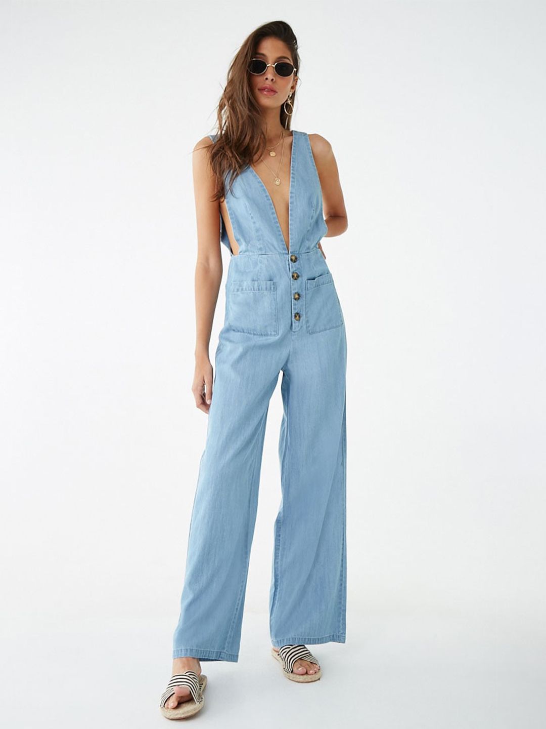 FOREVER 21 Blue Chambray Pinafore Jumpsuit Price in India