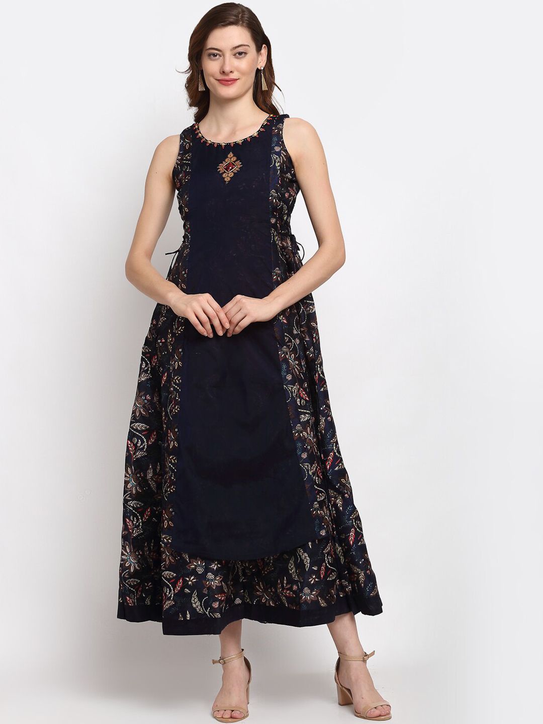 Lovely Lady Navy Blue & Beige Floral Midi Dress Price in India