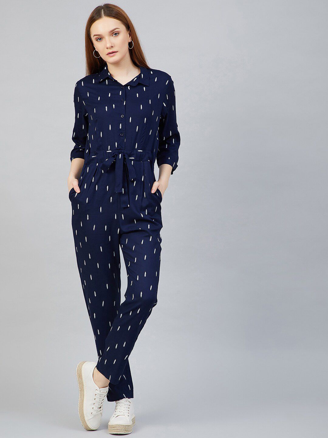 RARE Navy Blue & White Printed Basic Jumpsuit Price in India