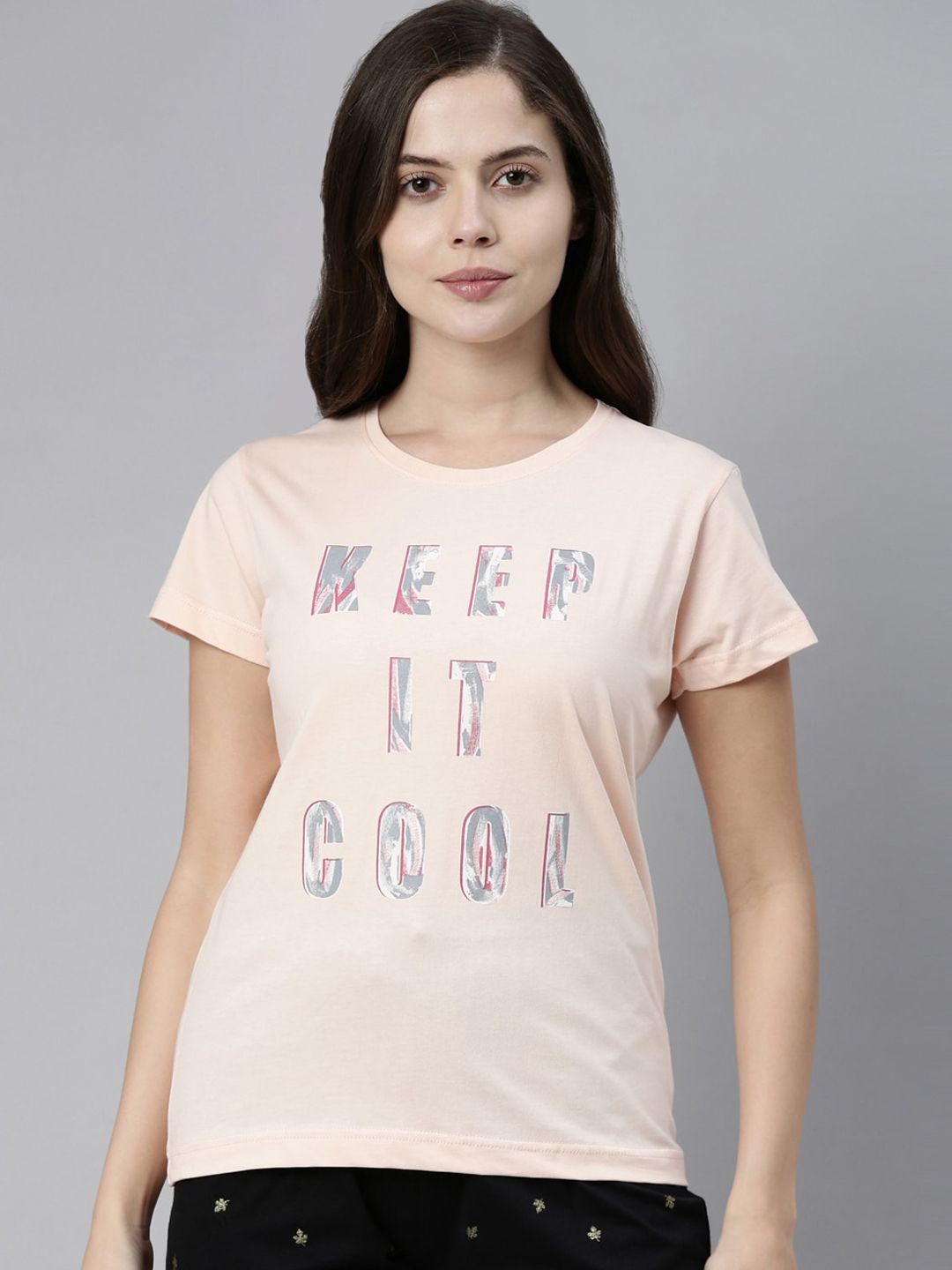 Kryptic Women Pink & Grey Printed Pure Cotton Lounge T-Shirt Price in India