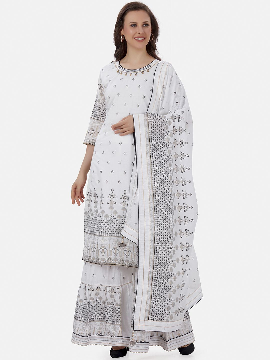 Kiana Women White Ethnic Motifs Printed Pure Cotton Kurta with Sharara & With Dupatta