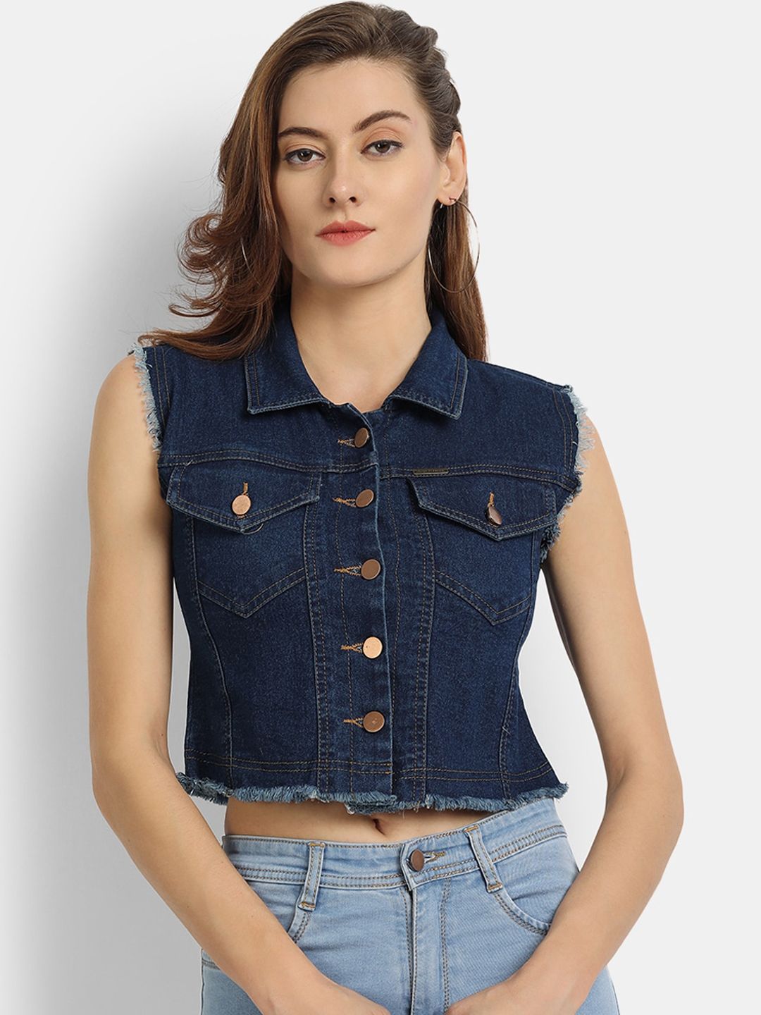 River Of Design Jeans Women Blue Washed Lightweight Crop Denim Jacket Price in India