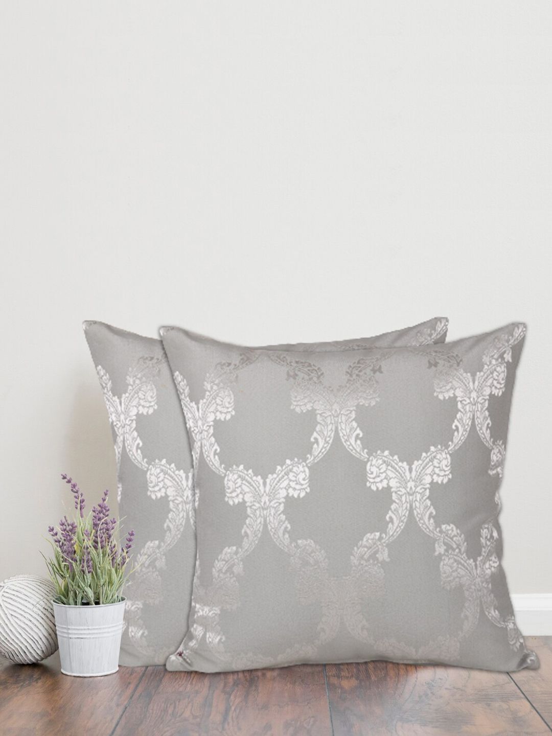 Home Grey & Silver-Toned Set of 2 Ethnic Motifs Square Cushion Covers Price in India