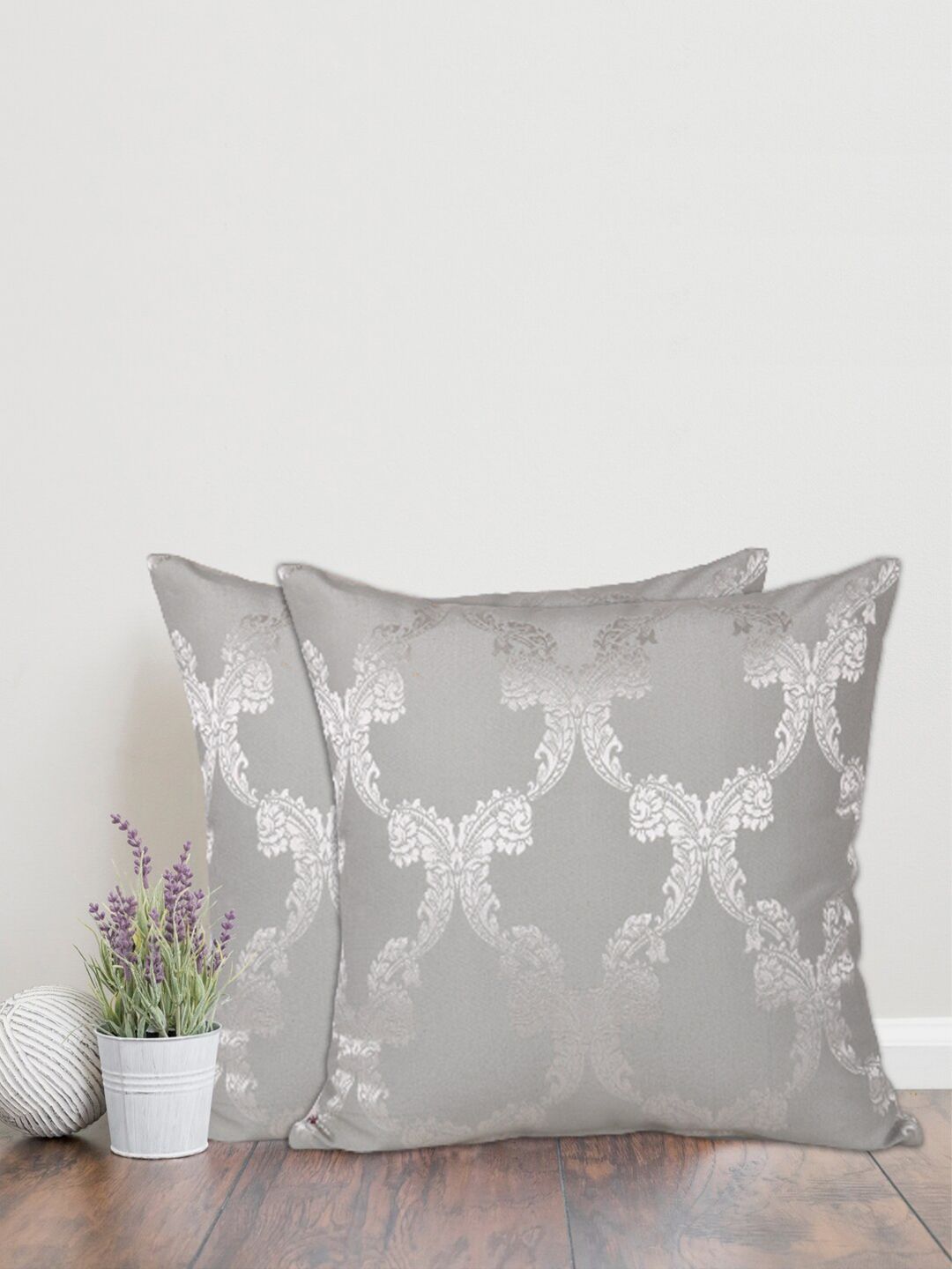Home Grey & Silver-Toned Set of 2 Ethnic Motifs Square Cotton Cushion Covers