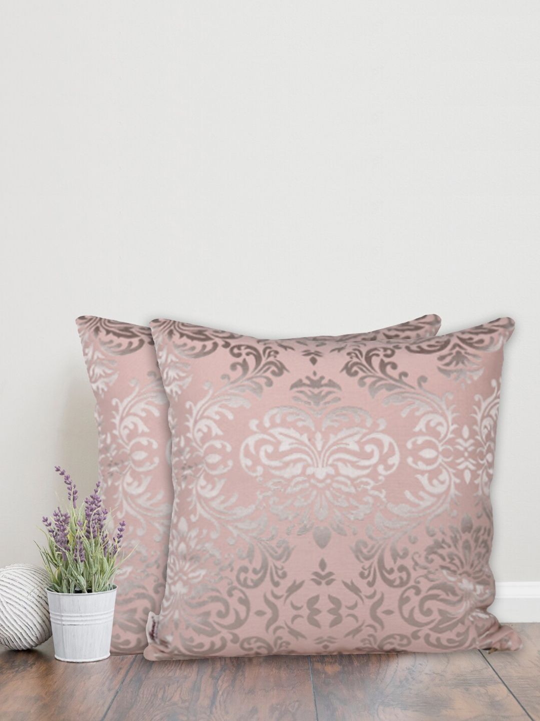 Home Pink & Silver-Toned Set of 2 Ethnic Motifs Cotton Square Cushion Covers Price in India