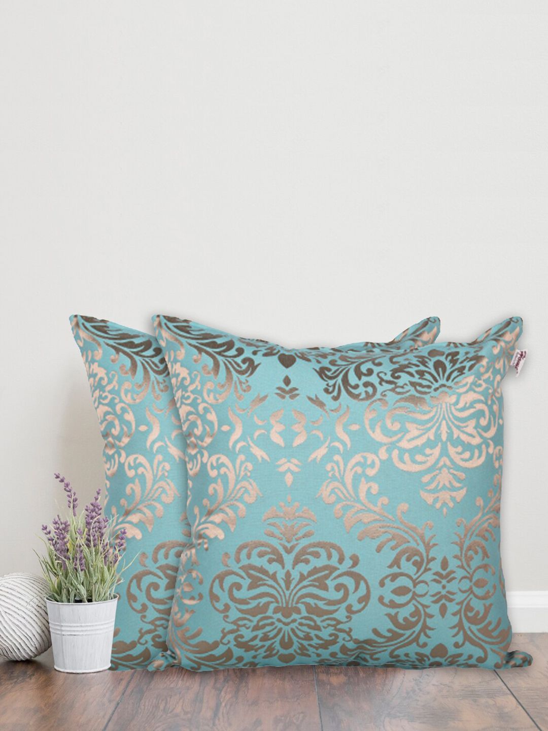 Home Turquoise Blue & Gold-Toned Set of 2 Ethnic Motifs Cotton Square Cushion Covers Price in India