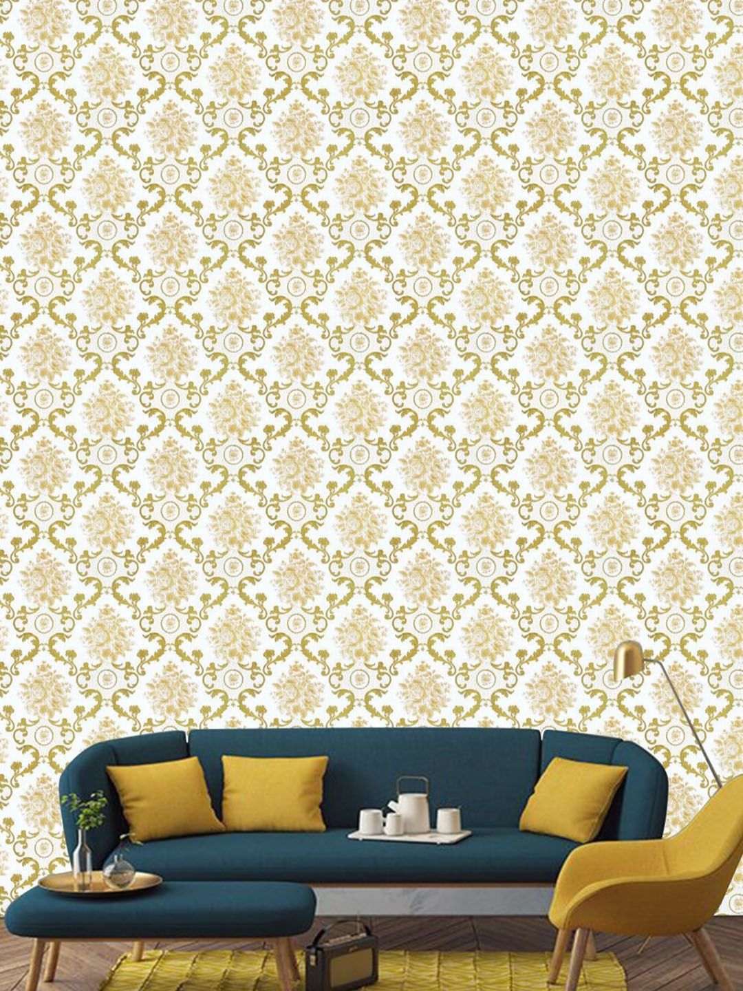 Jaamso Royals White & Beige Vintage Damask Printed Self Adhesive Wallpaper Price in India