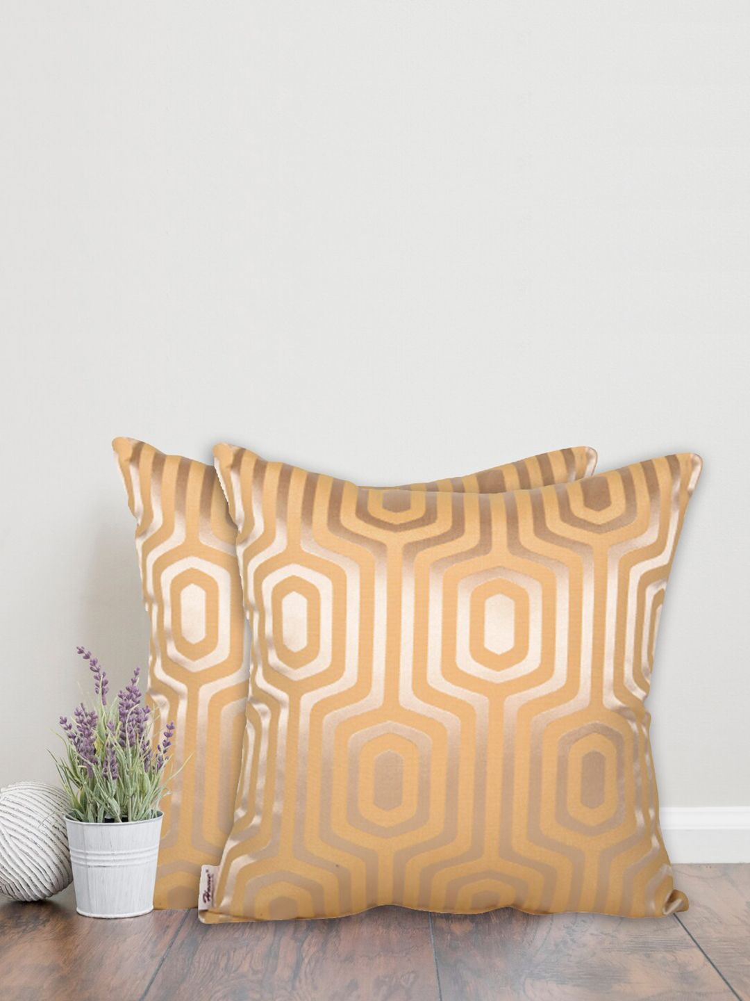 Home Orange & Gold-Toned Set of 2 Geometric Cotton Square Cushion Covers Price in India